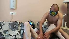 Skinny mature milf spreads wet pussy hole wide in white stockings for horny tease