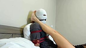 masked girlfriend binds cute teen friend for footjob fetish slave treatment