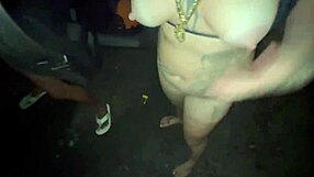 Brazilian black trans fucks natural tits pussy on street car passing interracial outdoor