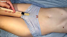 paint brush teases stepsis's shaved tight pussy till it's dripping wet