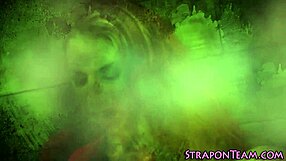 Lesbian mistress chokes and face fucks bound slave with strapon in bdsm 3some