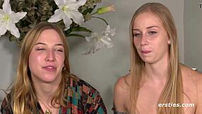 Blonde lesbian grinds and fingers her shaved friend's wet pussy