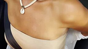 naughty blonde milf babe masturbates with dildo on public car seat moaning to orgasm shaved pussy exposed