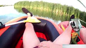 rafting trip turns wild as milf gives huge cock handjob exploding cumload on her thong panties