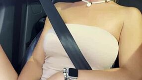 naughty blonde milf babe masturbates with dildo on public car seat moaning to orgasm shaved pussy exposed