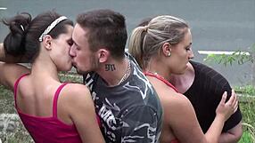 krystal swift's huge tits drenched in cum during highway foursome orgy