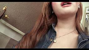 Busty post-op ladyboy teases with glass toy up close