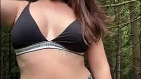 busty european milf poses flexible outdoors undressing