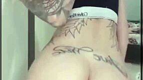 Naughty Brazilian teen rides dildo with big tattooed tits