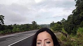 😈 chubby latina bends over fucks bareback in public street voyeur gaping ass!