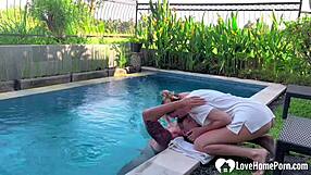 blonde tattooed babe seduces guy at pool with blowjob and doggystyle pounding