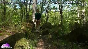 Girl strips nude in forest and fingers wet pussy publicly!!