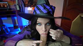 Damn, this slut witch bounces tight pussy on monster cock for Halloween!