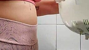 Kitchen Flasher Splits Shorts Over Swollen Young Pussy