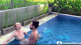 blonde tattooed babe seduces guy at pool with blowjob and doggystyle pounding