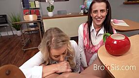 Teacher fucks student and stepsibling duo in naughty classroom threesome