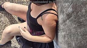 😈 chubby latina bends over fucks bareback in public street voyeur gaping ass!