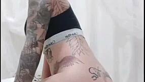 Naughty Brazilian teen rides dildo with big tattooed tits