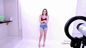 hey brunette model chats casting then rides cock on sofa for the gig