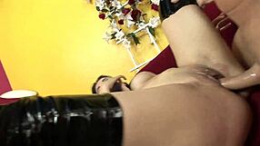 mommy's shaved pussy gapes wide on monster cock ride?