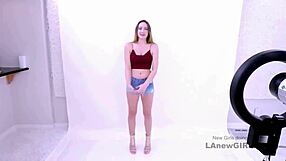 hey brunette model chats casting then rides cock on sofa for the gig