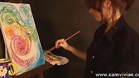 redhead babe strips lingerie close-up painting shaved puffy pussy perfect