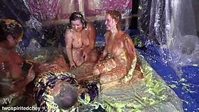 Cum Covered Cosplay Babe Messy Facial Handjob Huge Cock Teasing Foreplay