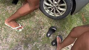 Petite latina teen bends over poolside for interracial creampie after shower fingering