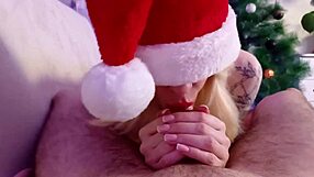 blindfolded miss santa babe sucks neighbor's cock closeup