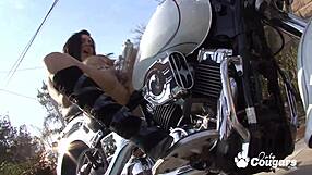 veronica rayne fingers shaved pussy and fucks dildo on harley outdoors