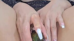 damn, sexy chica fingers pussy and fucks it with huge eggplant!