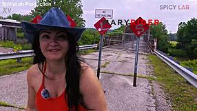 Exhibitionist busty milf bent over fucked doggystyle on abandoned bridge