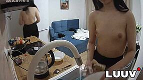 Voyeur students elika and vilika flash natural tits while cooking for reality show fans