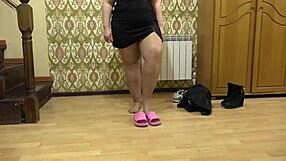 plump milf paws in nylon pantyhose, trying shoes on curvy legs for foot fetish