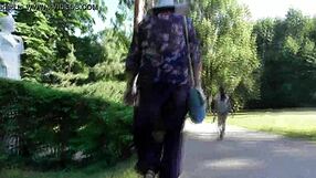 hairy mature flashes beaver upskirt in public park alladin pants