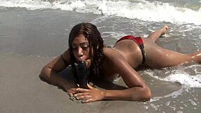 Ebony fat ass waves on beach public with dripping wet pussy dildo fucking clothes ripped