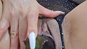 damn, sexy chica fingers pussy and fucks it with huge eggplant!