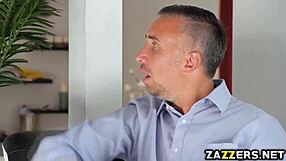 Vanessa Sky kneels to slurp Keiran Lee's monster cock before swallowing cum load