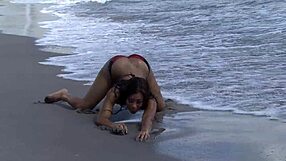 Ebony fat ass waves on beach public with dripping wet pussy dildo fucking clothes ripped