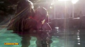 girls getting steamy with deep kisses and groping around the pool edge