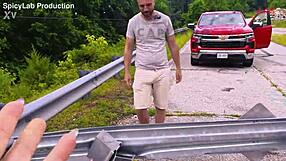 Exhibitionist busty milf bent over fucked doggystyle on abandoned bridge