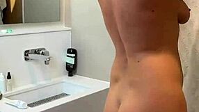 Julia north slurps balls and tits bounce in shower bj cum swallow!