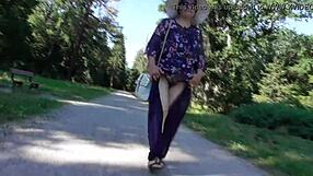 hairy mature flashes beaver upskirt in public park alladin pants