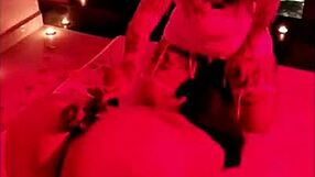 Chubby babe rides huge black cock reverse cowgirl in red light glow!