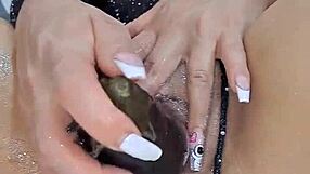 damn, sexy chica fingers pussy and fucks it with huge eggplant!