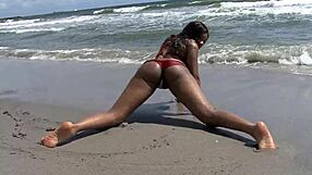 Ebony fat ass waves on beach public with dripping wet pussy dildo fucking clothes ripped