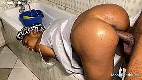 Skinny babe has one time homemade sex with lucky big black cock plumber by pool