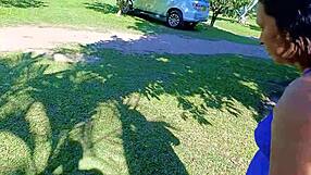 Venezuelan housewife slut flashes big ass outdoors at medellin camp humiliating cuckold husband