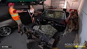 I can't get over that busty blonde babe roadside as mechanic services her car in garage