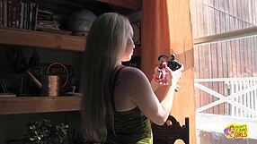 Blonde Big Tits Locks Lesbian Friend in Handcuffs for Strapon Pounding!